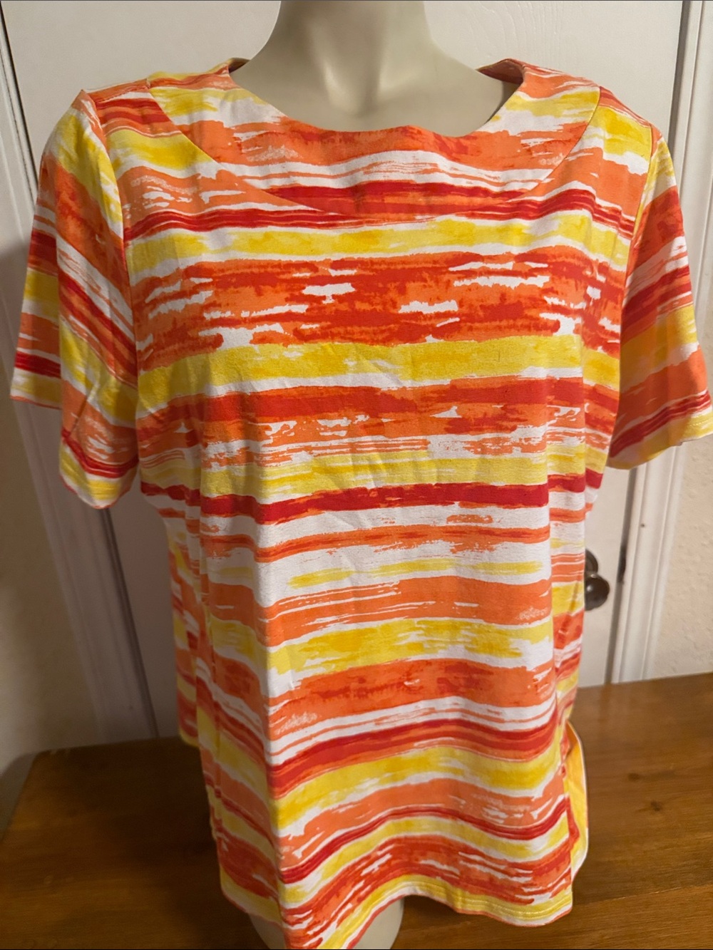 Breckenridge Orange, Yellow & White Striped Short Sleeve Top